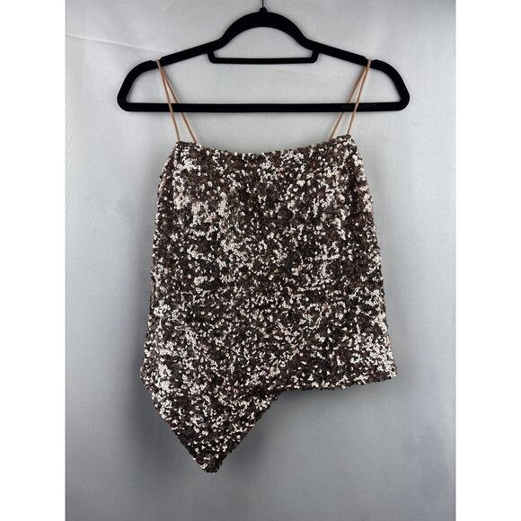 Cache Sequin Asymmetrical Top S Gold Silk & Polyester Spaghetti Straps - Picture 1 of 7